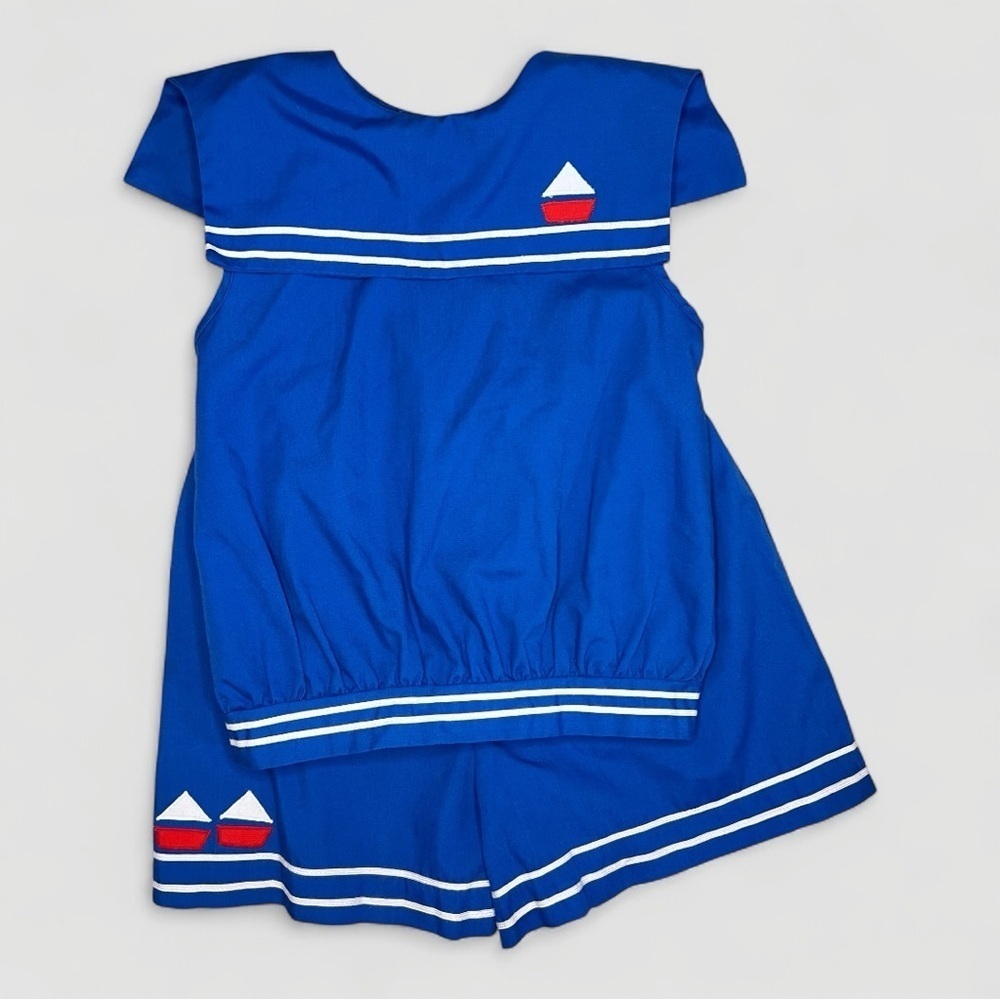Vintage Nautical Blue Sailboat Matching Shorts Set Girls Size 7 Melissa Jackson